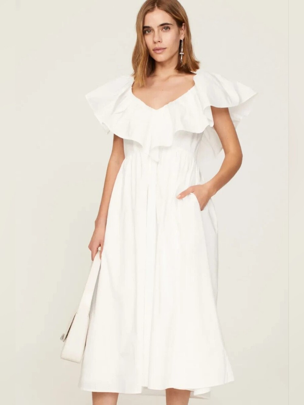 Adam Lippes Collective Women Eyelet Shift Midi Dress White Cotton Ruffle Size 4